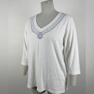Carroll Reed White Cotton Embroidered V-Neck Top Size 2X